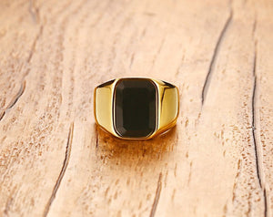 Men's Luxury Jewelry High Polished 24K IP Gold Plated Black Agate Stone Inlay Stainless Steel Rings for Men