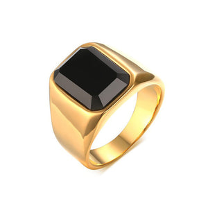 Men's Luxury Jewelry High Polished 24K IP Gold Plated Black Agate Stone Inlay Stainless Steel Rings for Men