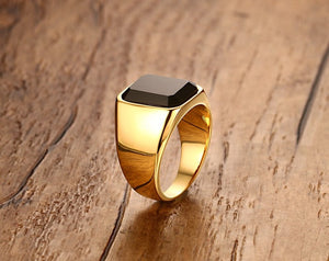 Men's Luxury Jewelry High Polished 24K IP Gold Plated Black Agate Stone Inlay Stainless Steel Rings for Men