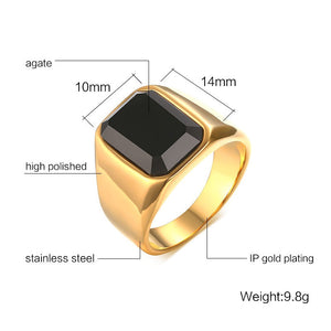 Men's Luxury Jewelry High Polished 24K IP Gold Plated Black Agate Stone Inlay Stainless Steel Rings for Men