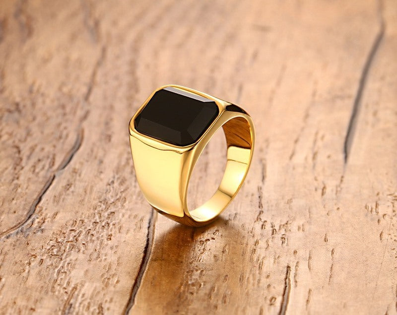 Men's Luxury Jewelry High Polished 24K IP Gold Plated Black Agate Stone Inlay Stainless Steel Rings for Men
