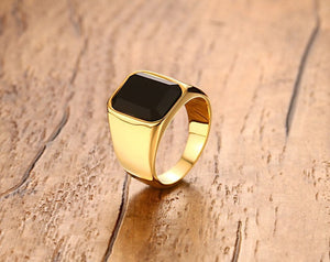 Men's Luxury Jewelry High Polished 24K IP Gold Plated Black Agate Stone Inlay Stainless Steel Rings for Men