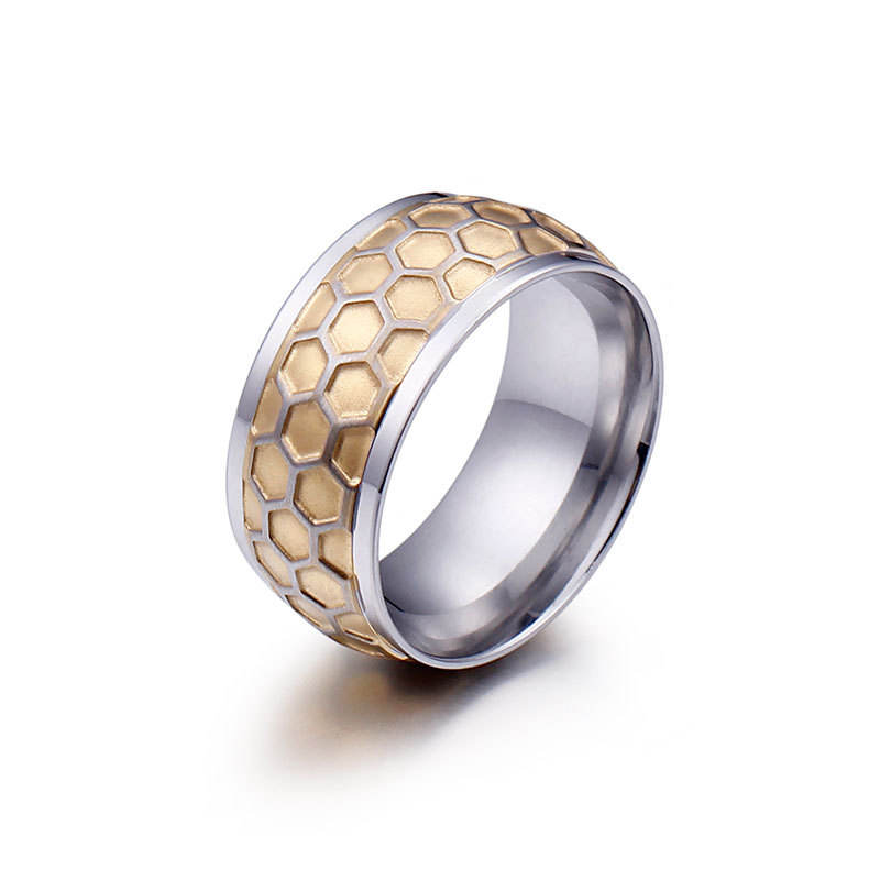 10mm Gold Black Honeycomb Shape Stainless Steel Men Ring