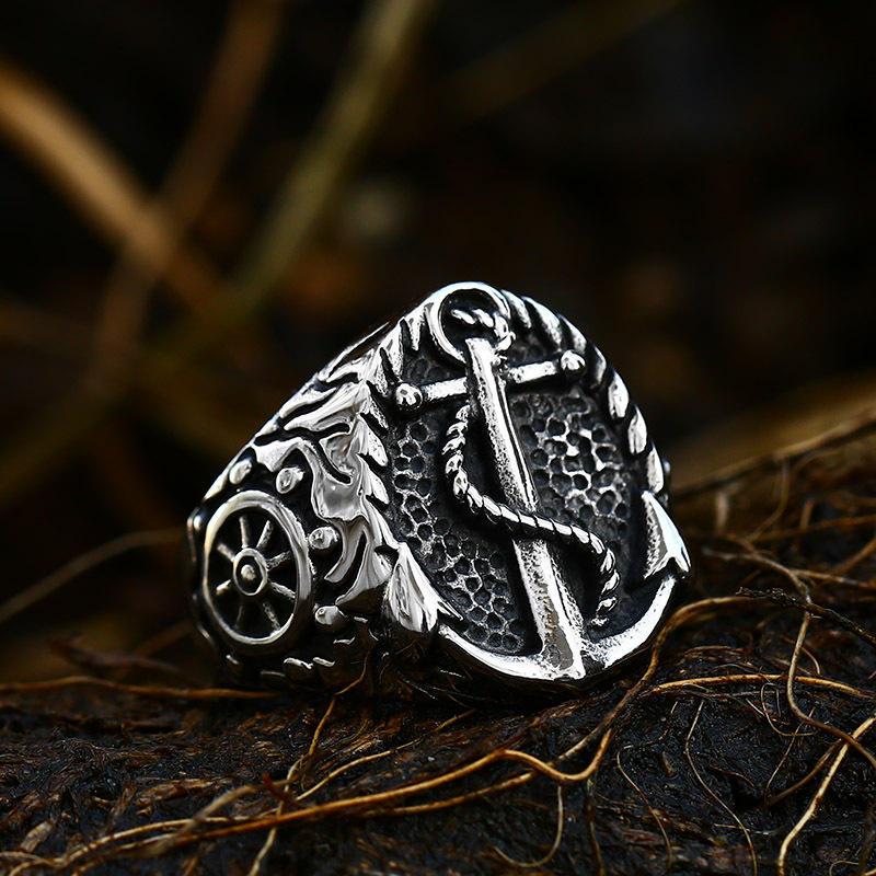 Vintage Compass Ring Men Stainless Steel Cast Ship Anchor Viking Ring