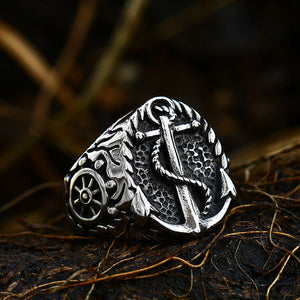 Vintage Compass Ring Men Stainless Steel Cast Ship Anchor Viking Ring