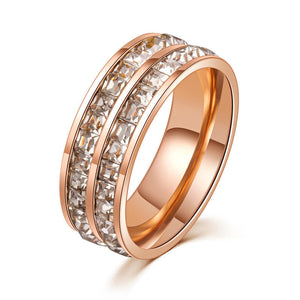 Gold/Silver/Rose Gold Double Row Zircon Stainless Steel Women's Ring Engagement Wedding Bands