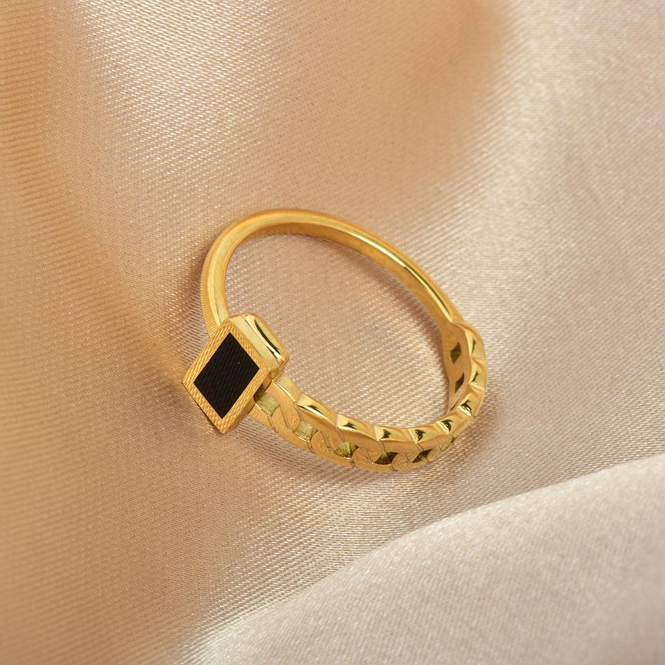 Women Personalized Black Small Square Asymmetric Chain Stainless Steel Ring
