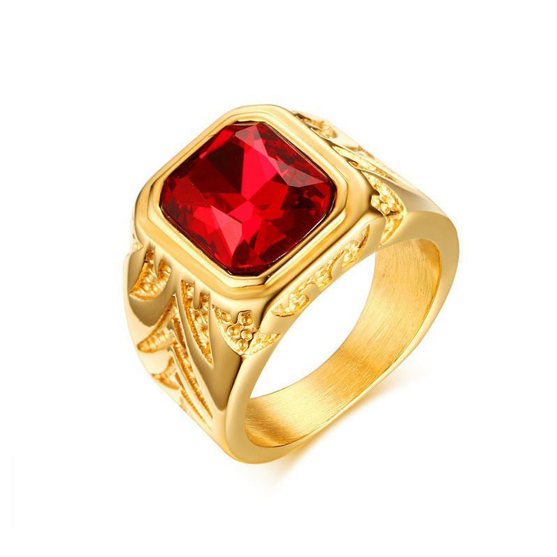 Men's Jewelry Ornament High Polished 24K Gold Plated Red Rhinestone Inlay Stainless Steel Rings for Men's Wedding Ring