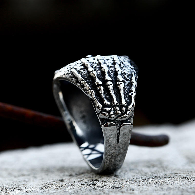 Men Vintage Stainless Steel Hand Bone Five Point Star Viking Ring