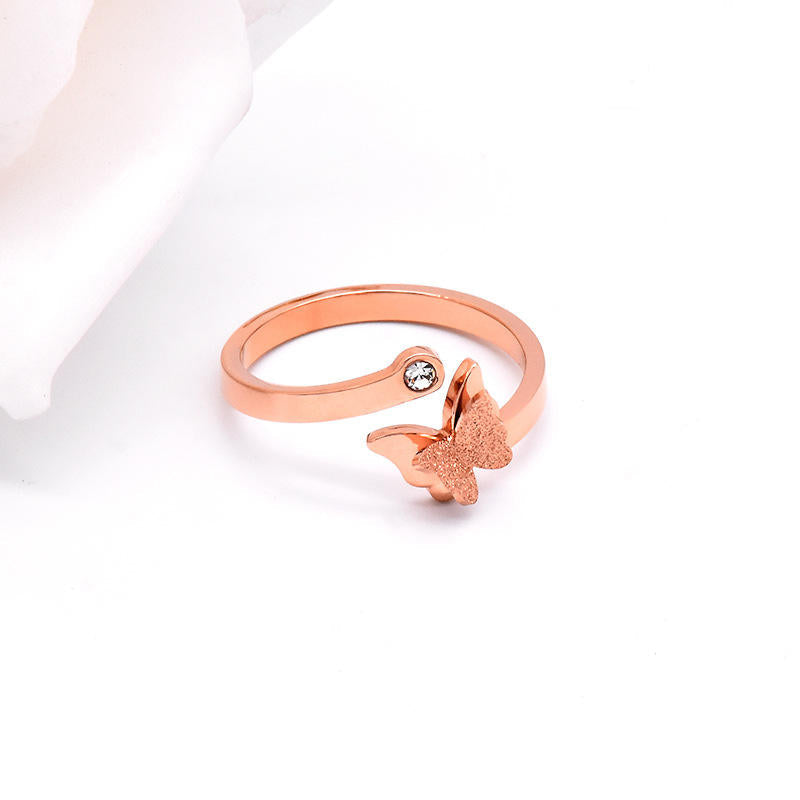 Women Butterfly Ring Rose Gold Stainless Steel Open Ring Jewelry