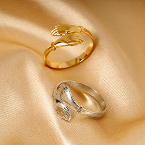 Simply Plated 18k Gold Hands Embrace Women Ring Stainless Steel Open Ring Jewelry