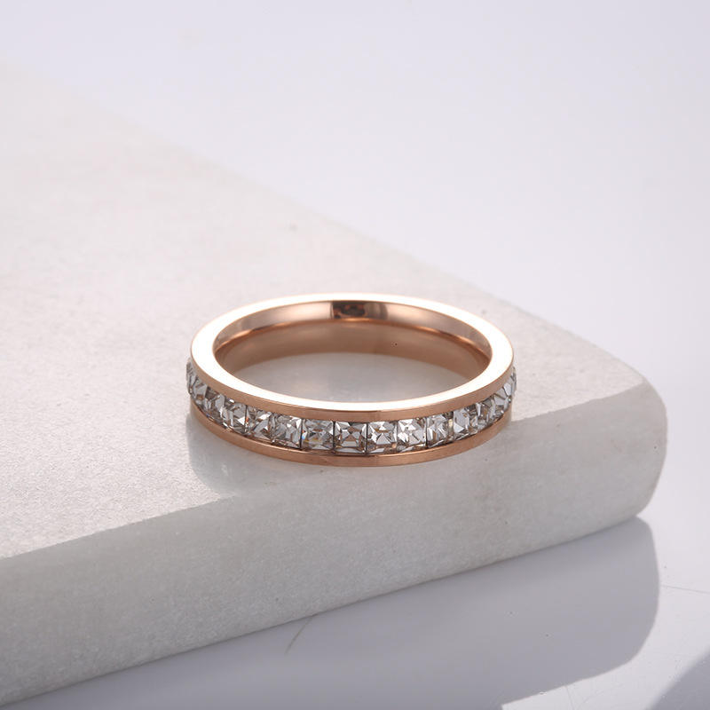 Single Row Full Inlay Zircon Stainless Steel Women's Ring Engagement Wedding Ring