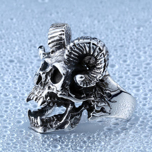 Men Vintage Stainless Steel Casting Punk Satan Sheep Head Skull Ring