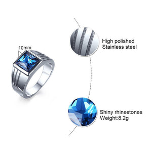 Fashion Male Jewelry High Polished Silver Shinning Blue Rhinestone Inlay Stainless Steel Rings for Men's Wedding Ring