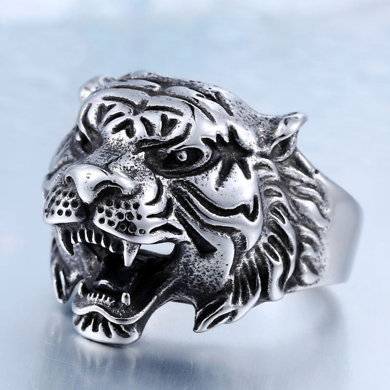 Stainless Steel Vintage Men Ring Personality Tiger Head Punk Ring