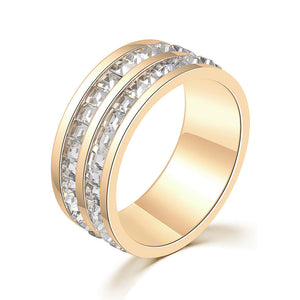 Gold/Silver/Rose Gold Double Row Zircon Stainless Steel Women's Ring Engagement Wedding Bands