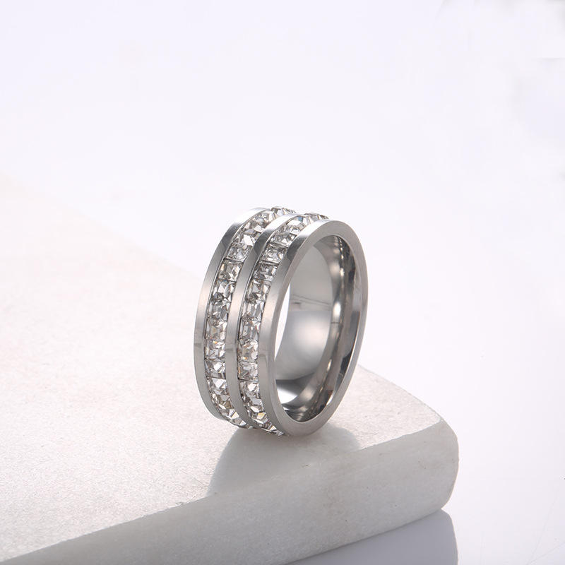 Gold/Silver/Rose Gold Double Row Zircon Stainless Steel Women's Ring Engagement Wedding Bands
