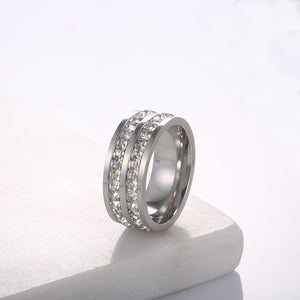 Gold/Silver/Rose Gold Double Row Zircon Stainless Steel Women's Ring Engagement Wedding Bands