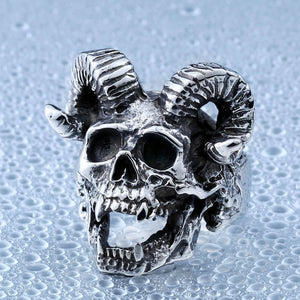 Men Vintage Stainless Steel Casting Punk Satan Sheep Head Skull Ring
