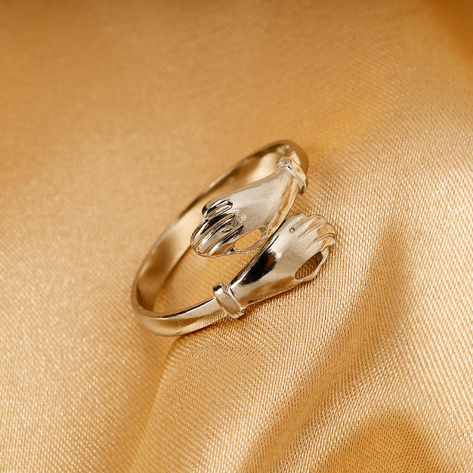 Simply Plated 18k Gold Hands Embrace Women Ring Stainless Steel Open Ring Jewelry