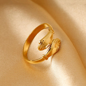 Simply Plated 18k Gold Hands Embrace Women Ring Stainless Steel Open Ring Jewelry