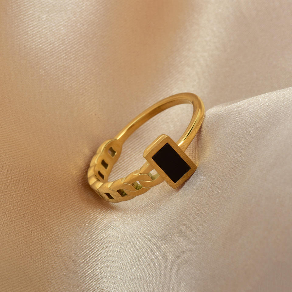 Women Personalized Black Small Square Asymmetric Chain Stainless Steel Ring