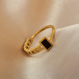 Women Personalized Black Small Square Asymmetric Chain Stainless Steel Ring