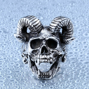 Men Vintage Stainless Steel Casting Punk Satan Sheep Head Skull Ring