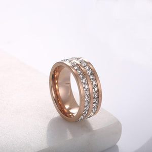 Gold/Silver/Rose Gold Double Row Zircon Stainless Steel Women's Ring Engagement Wedding Bands