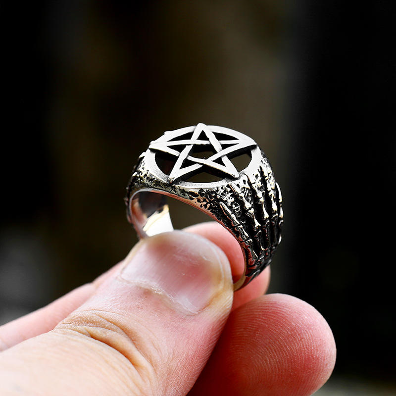Men Vintage Stainless Steel Hand Bone Five Point Star Viking Ring