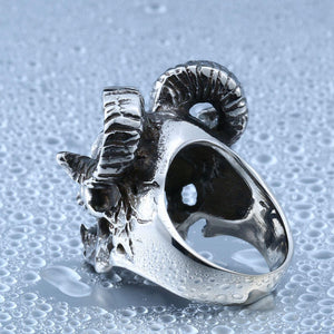 Men Vintage Stainless Steel Casting Punk Satan Sheep Head Skull Ring