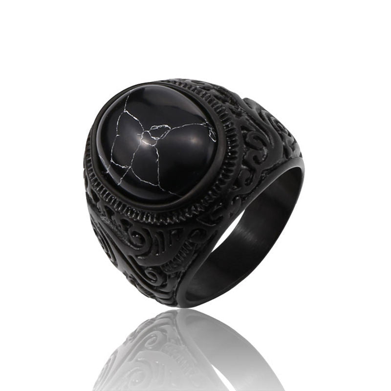 Men Vintage Stainless Steel Ring Black Inlaid Gem Carved Ring