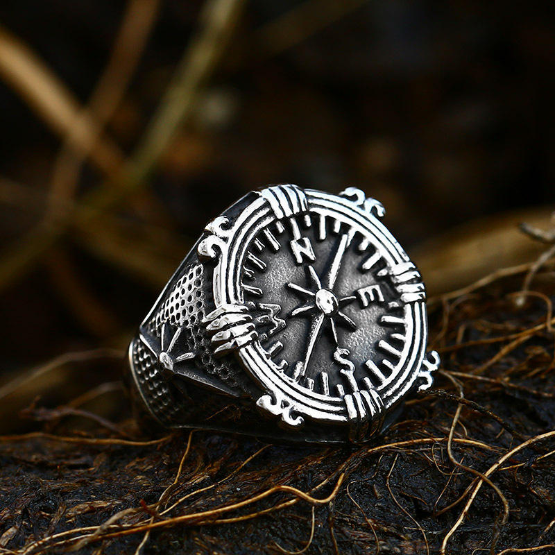 Vintage Compass Ring Men Stainless Steel Cast Ship Anchor Viking Ring