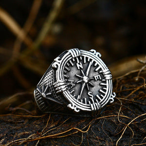 Vintage Compass Ring Men Stainless Steel Cast Ship Anchor Viking Ring