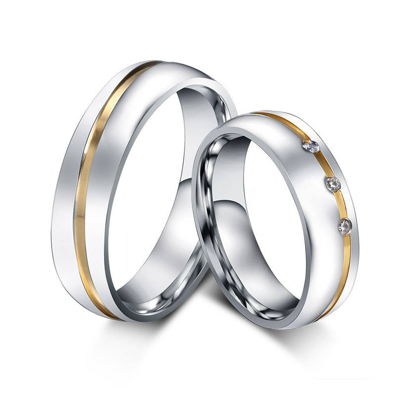 Men Women Wedding Jewelry 6MM Band Gold Plated Cubic Zirconia Inlay Stainless Steel Couple Lovers' Rings
