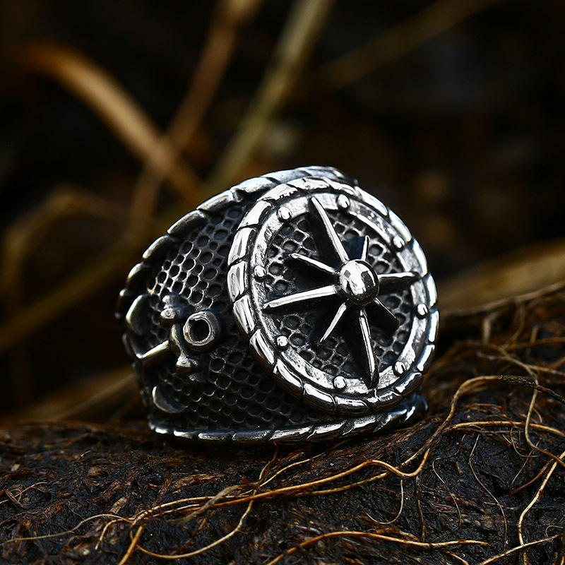 Vintage Compass Ring Men Stainless Steel Cast Ship Anchor Viking Ring